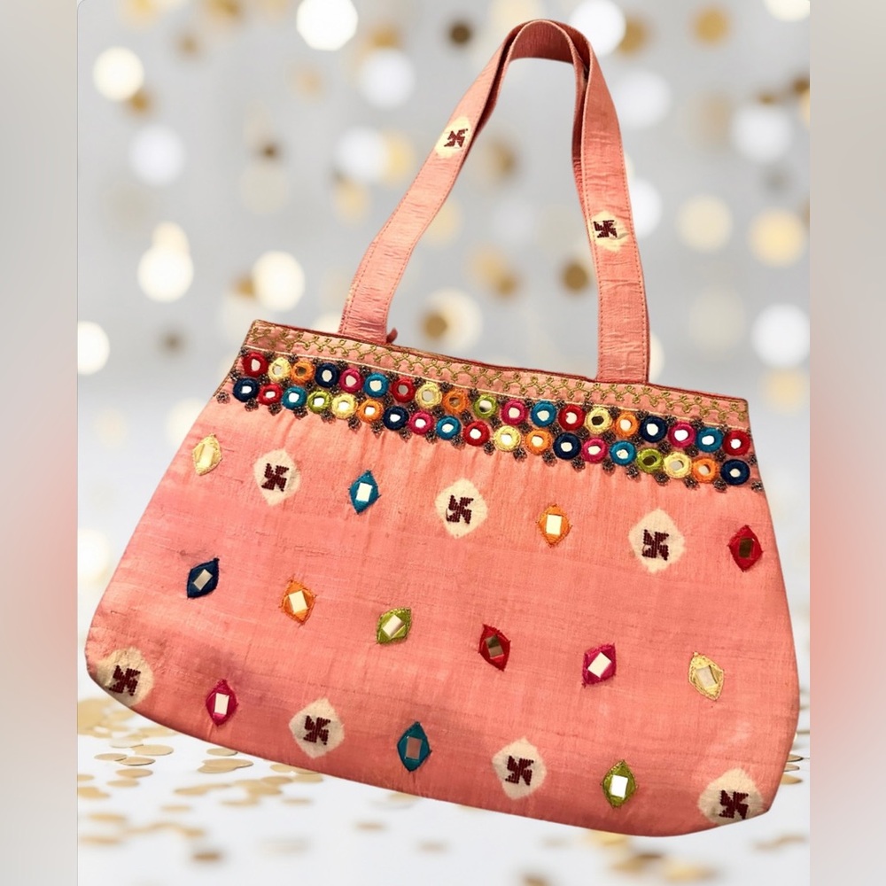 Pink 100% Silk (Made in India) Handbag with Embroidered & Mirrored Detailing
